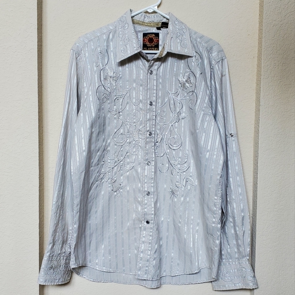 Platini Jeans Cougar Mens Western Shirt Pearl Snaps Silver With Fancy Stitching